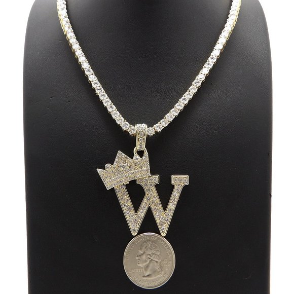 Initial Letter "W" Pendant Tennis Chain Necklace - Picture 1 of 10